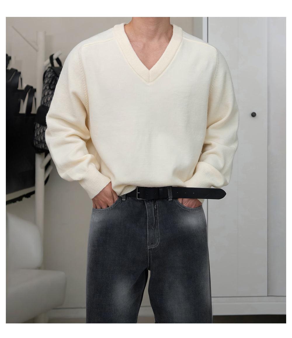 V-Neck Knit Loose Pullover Sweater-The Korean Fashion