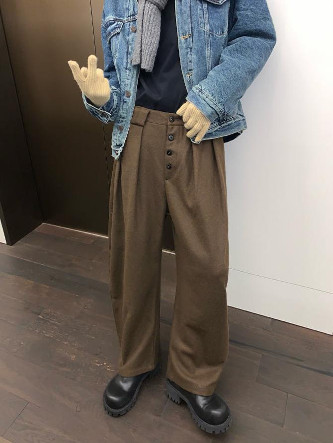 Button Straight Wool Casual Pants-The Korean Fashion