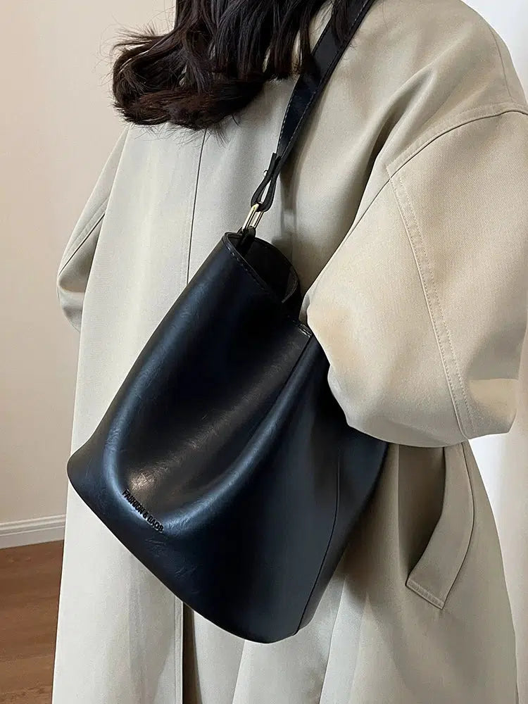 Adjustable Strap Leather Bucket Bag