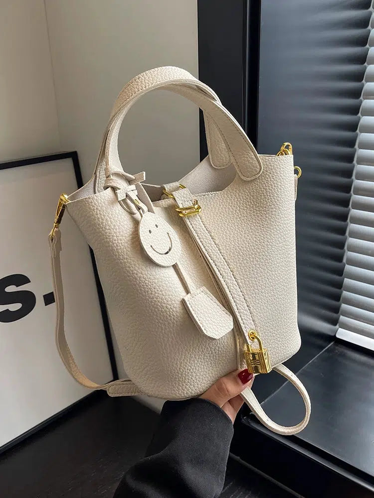 Adjustable Strap Leather Bucket Bag