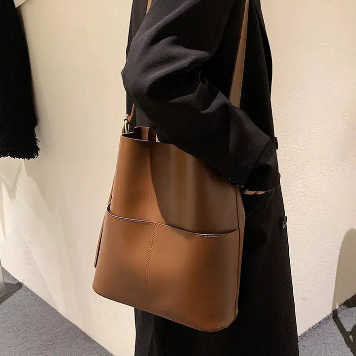 Adjustable Strap Leather Bucket Bag