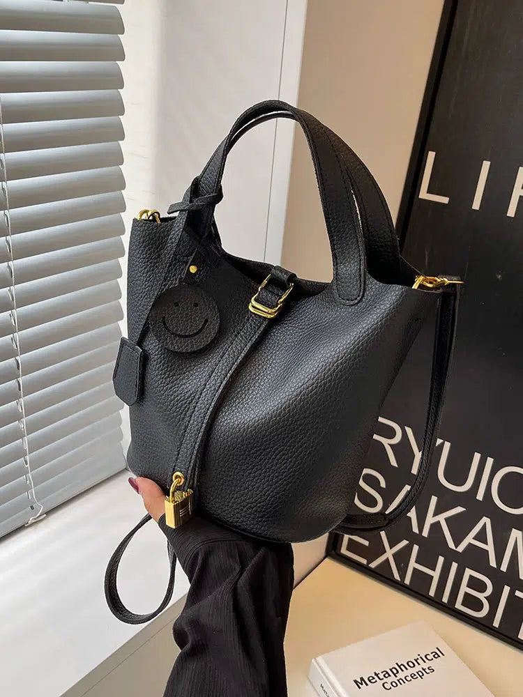 Adjustable Strap Leather Bucket Bag