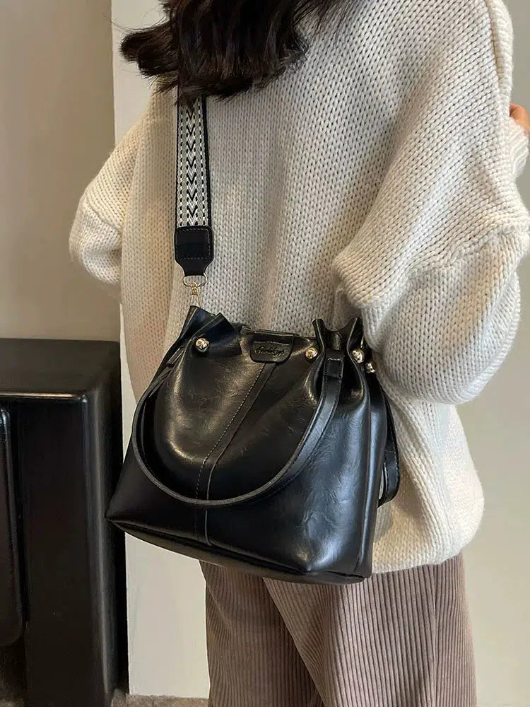 Adjustable Strap Leather Bucket Bag