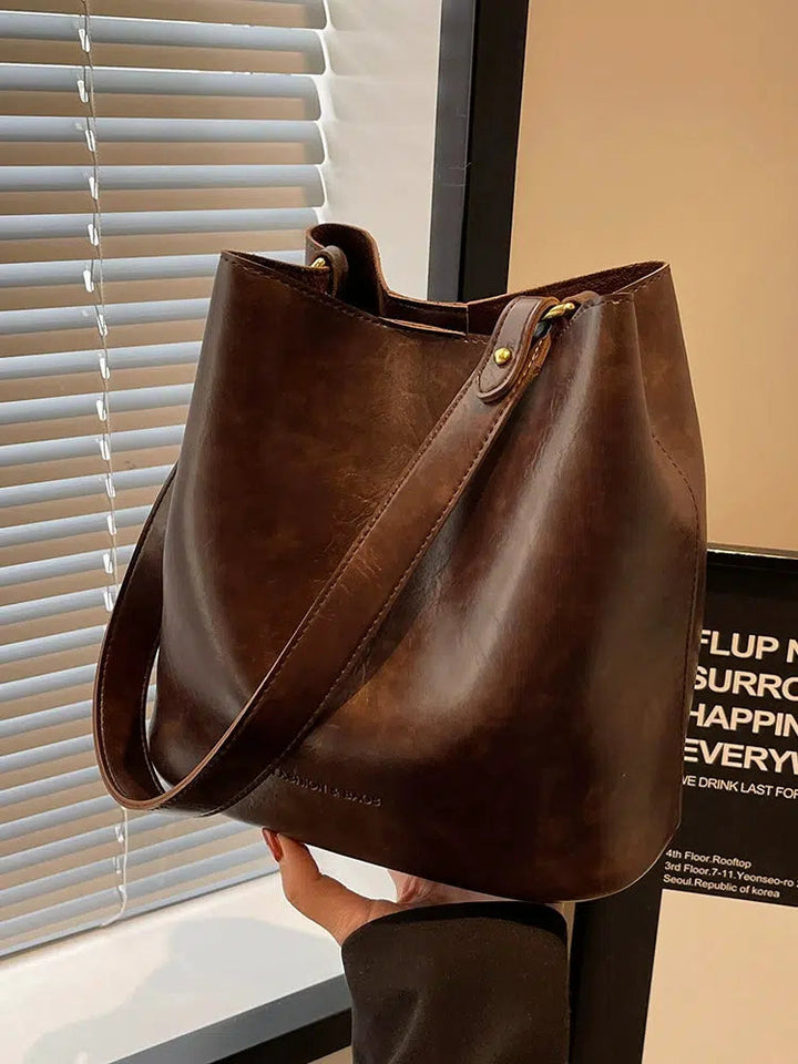 Adjustable Strap Leather Bucket Bag