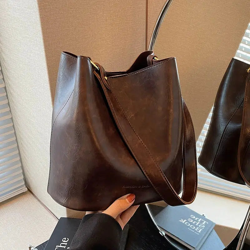 Adjustable Strap Leather Bucket Bag