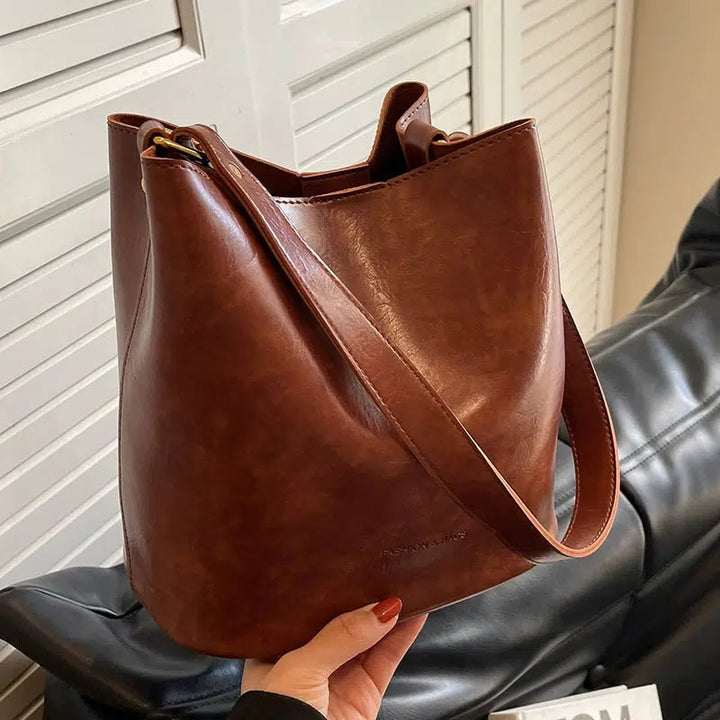 Adjustable Strap Leather Bucket Bag