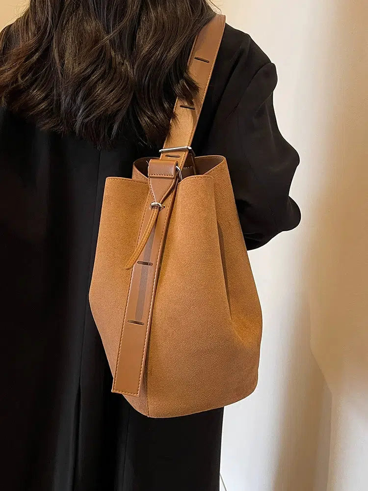 Adjustable Strap Suede Bucket Bag