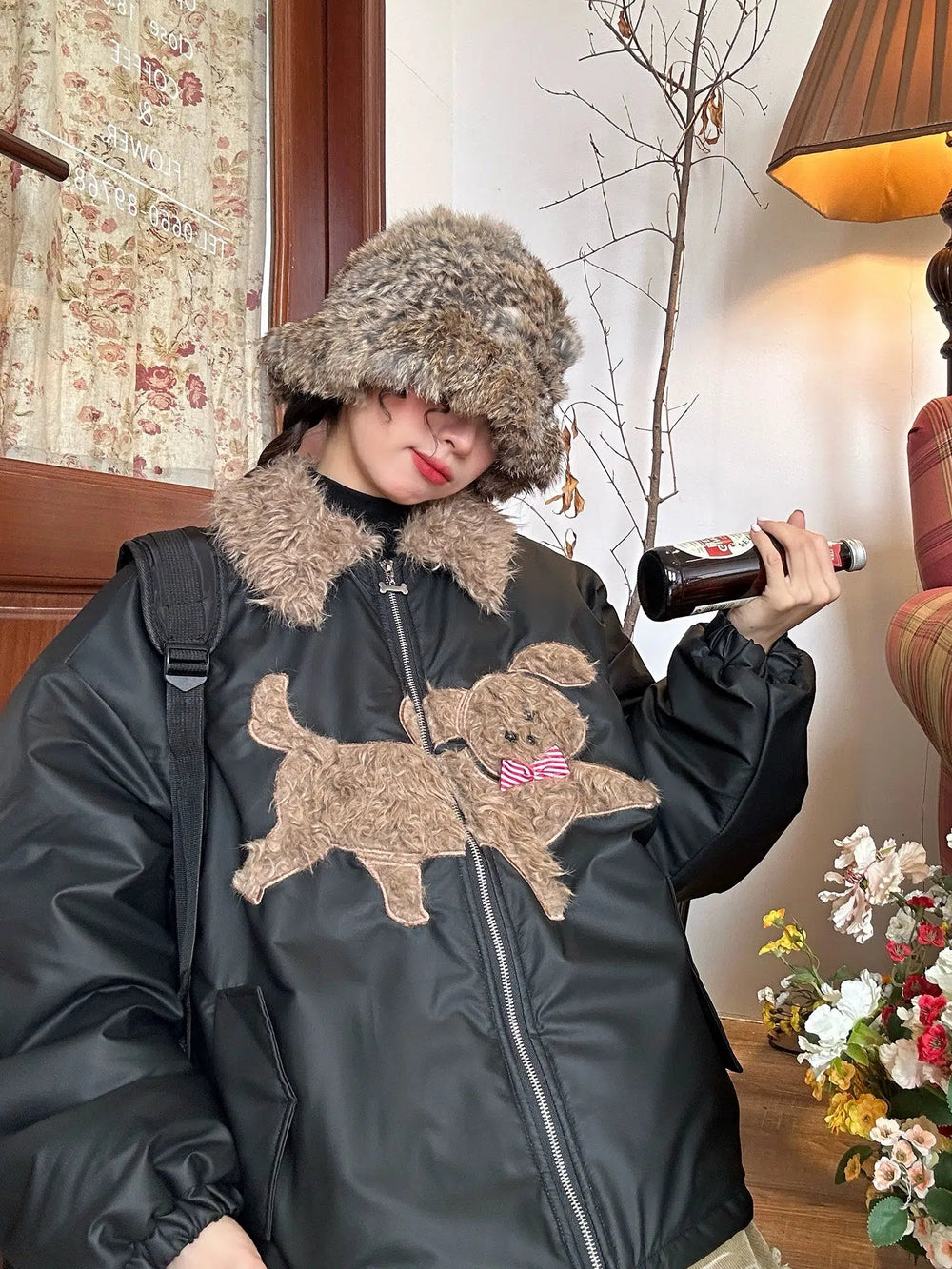 Applique Dog Design Puffy Coat