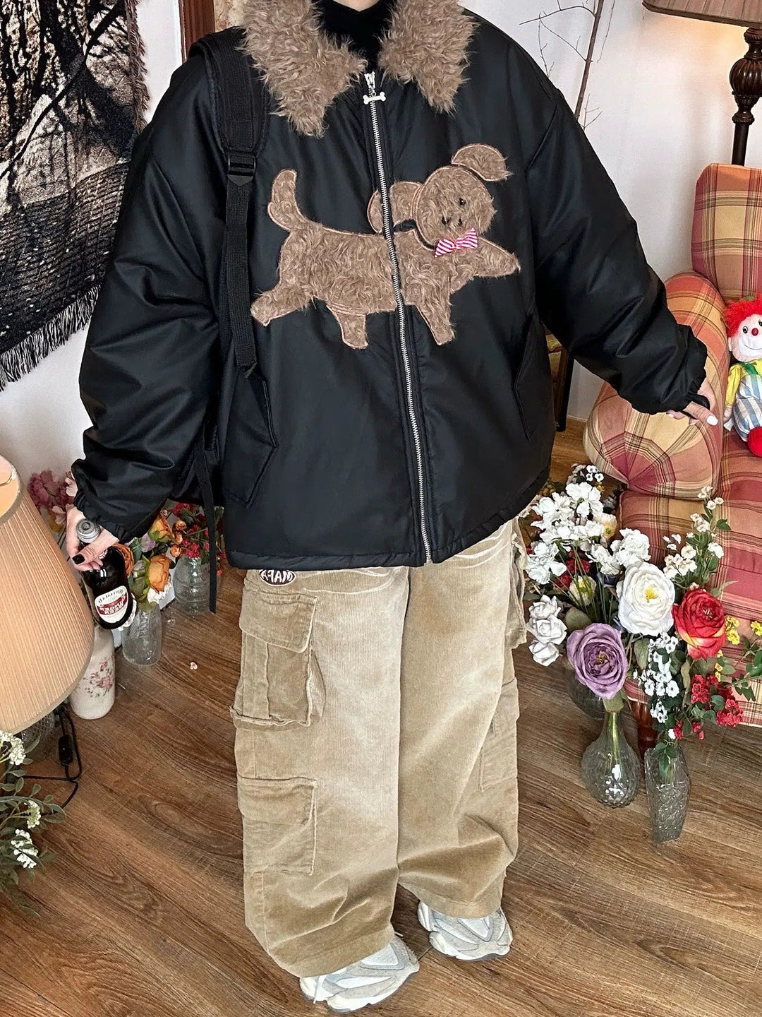 Applique Dog Design Puffy Coat