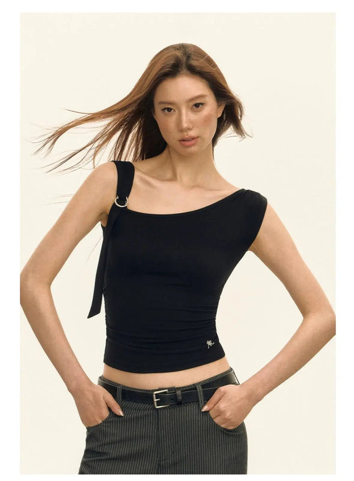 Asymmetric Cut Sleeveless Turtleneck with Side Tie