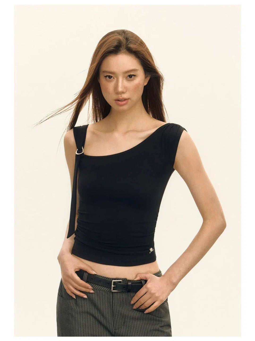 Asymmetric Cut Sleeveless Turtleneck with Side Tie