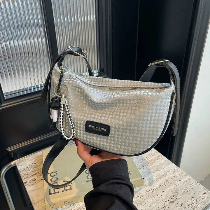 Bear Charm Houndstooth Shoulder Bag