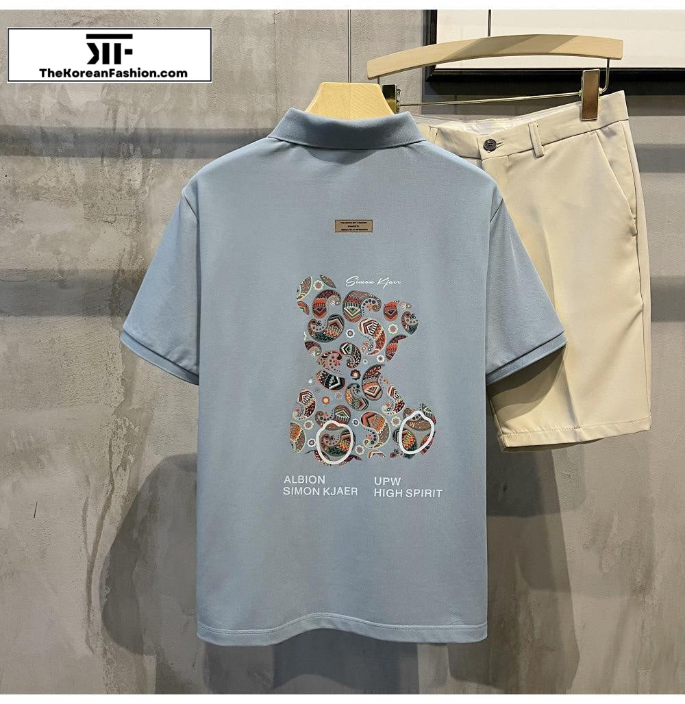 Bear Print Lapel Polo Breathable T-Shirt