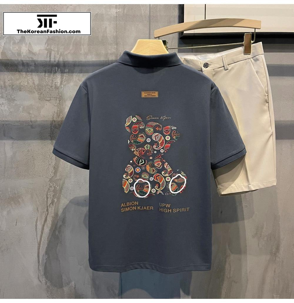 Bear Print Lapel Polo Breathable T-Shirt