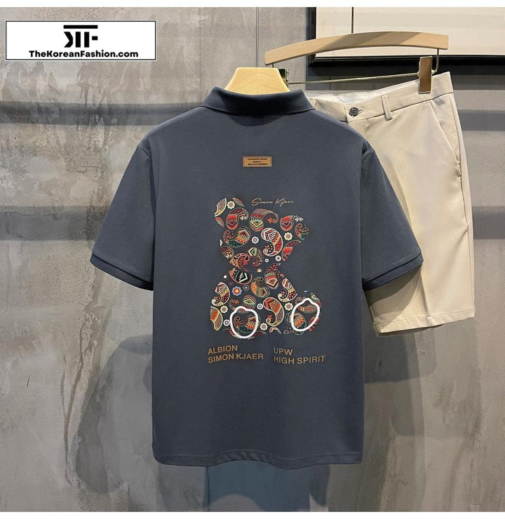 Bear Print Lapel Polo Breathable T-Shirt