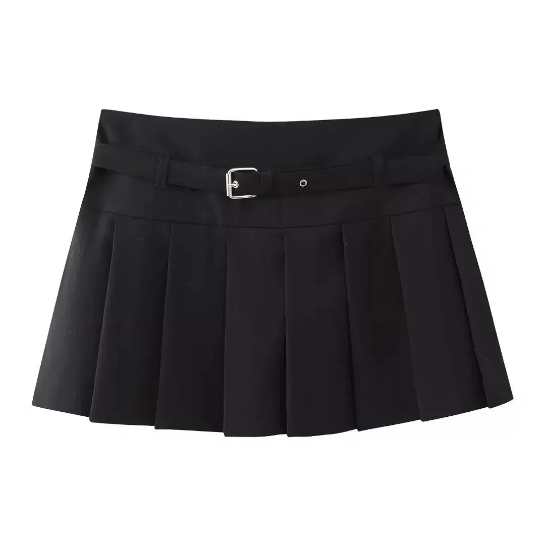 Belt Pleated Mini Skirt