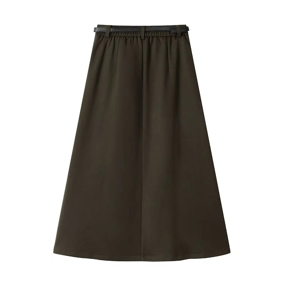 Belted Pleated Midi Skirt