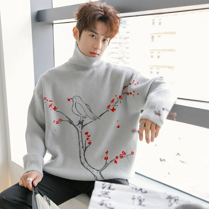 Bird Floral Design Turtleneck Knitwear