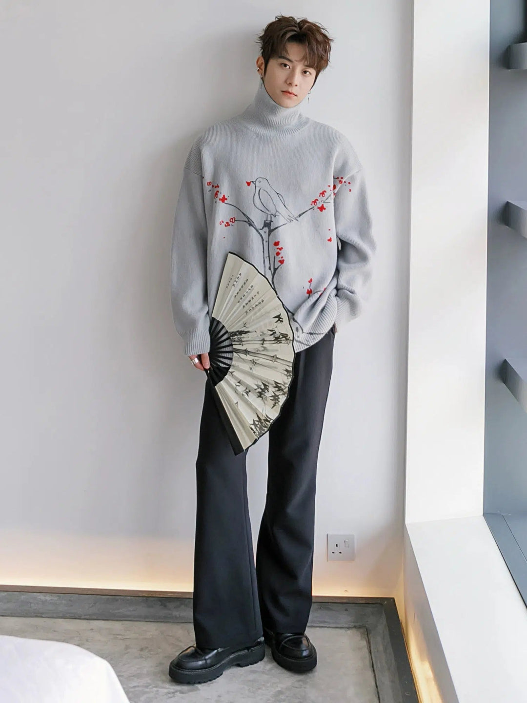 Bird Floral Design Turtleneck Knitwear