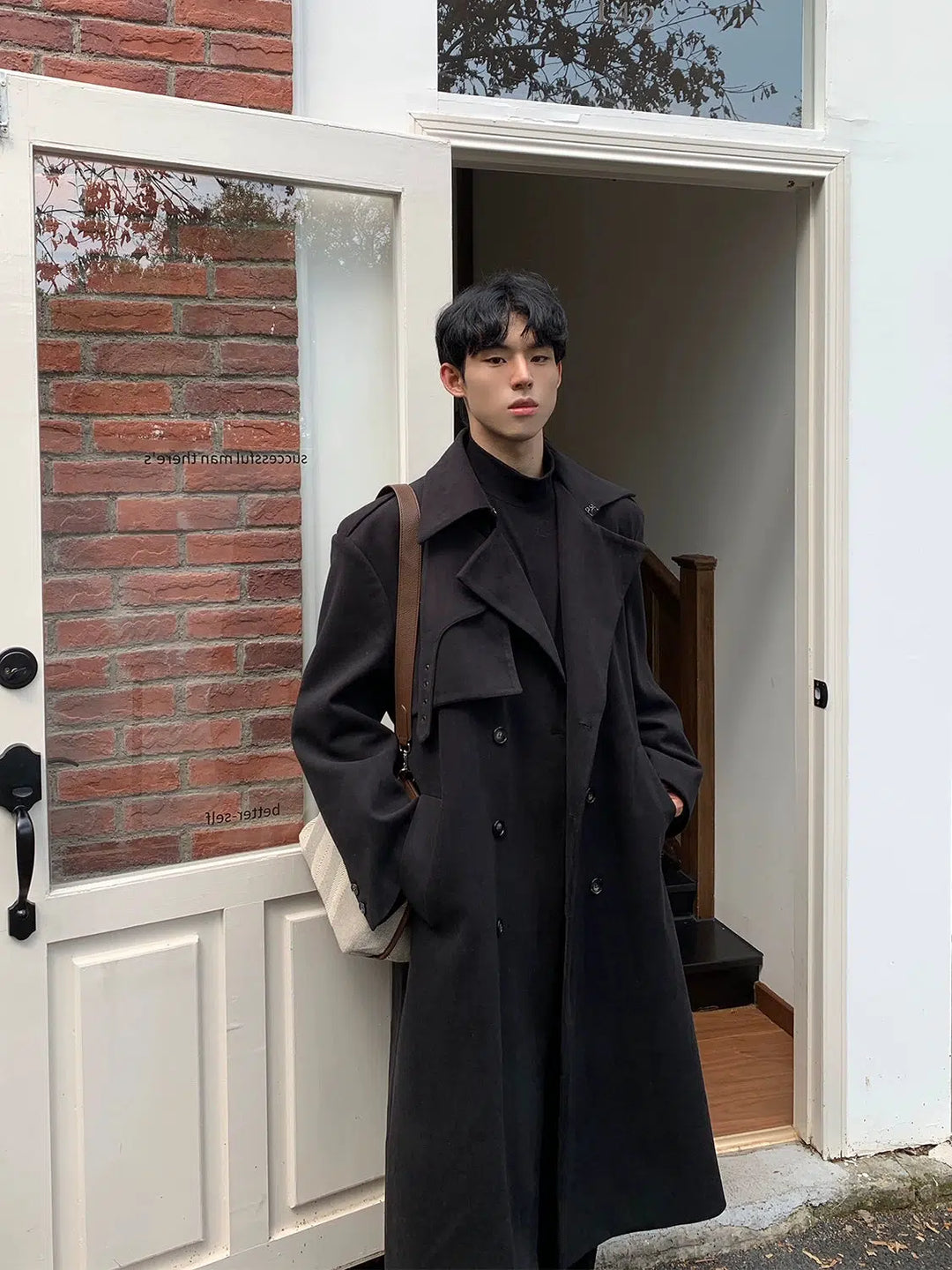 Black wool double breasted coat on sale