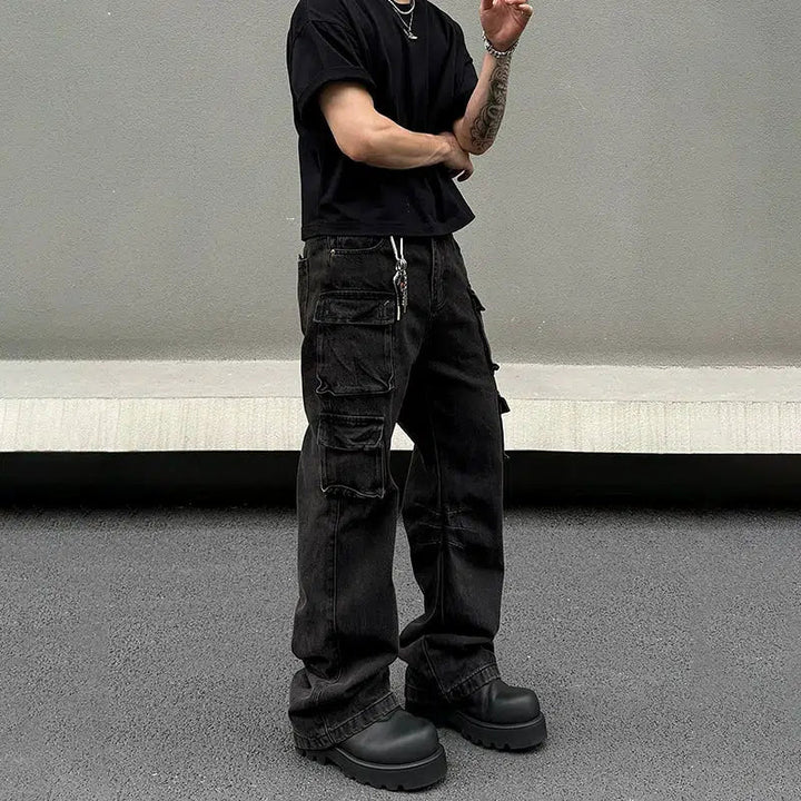 Black Multi-pocket Denim Cargo Pants