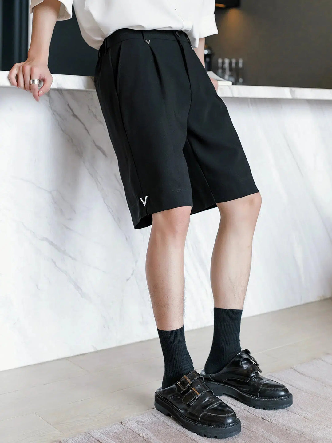 Black Relaxed Fit Pleated Shorts