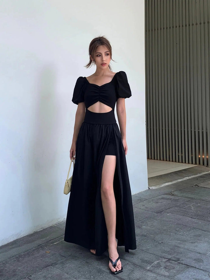 Black Slit Puff Sleeves Dress