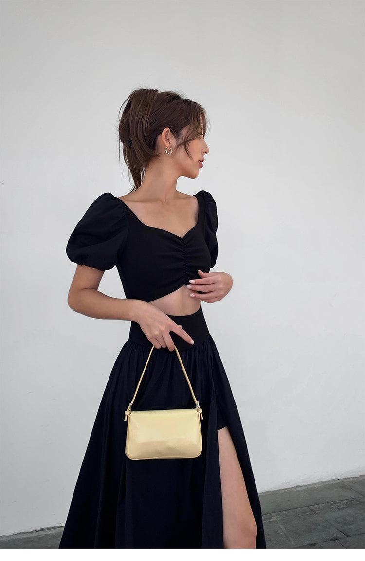 Black Slit Puff Sleeves Dress