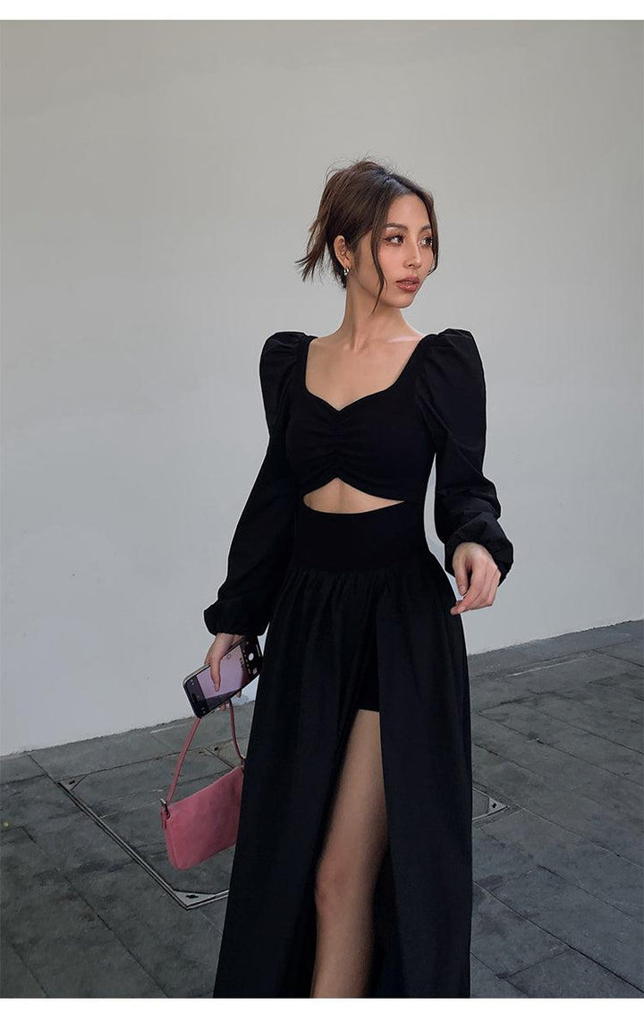 Black Slit Puff Sleeves Dress