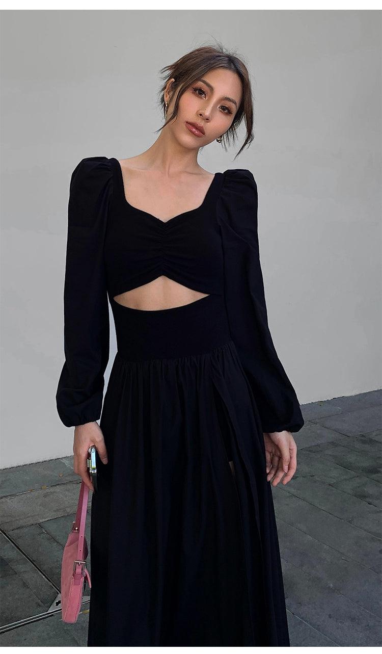 Black Slit Puff Sleeves Dress