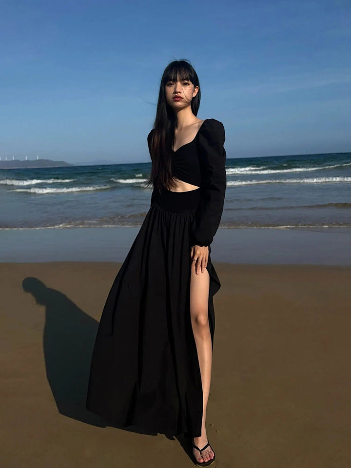 Black Slit Puff Sleeves Dress