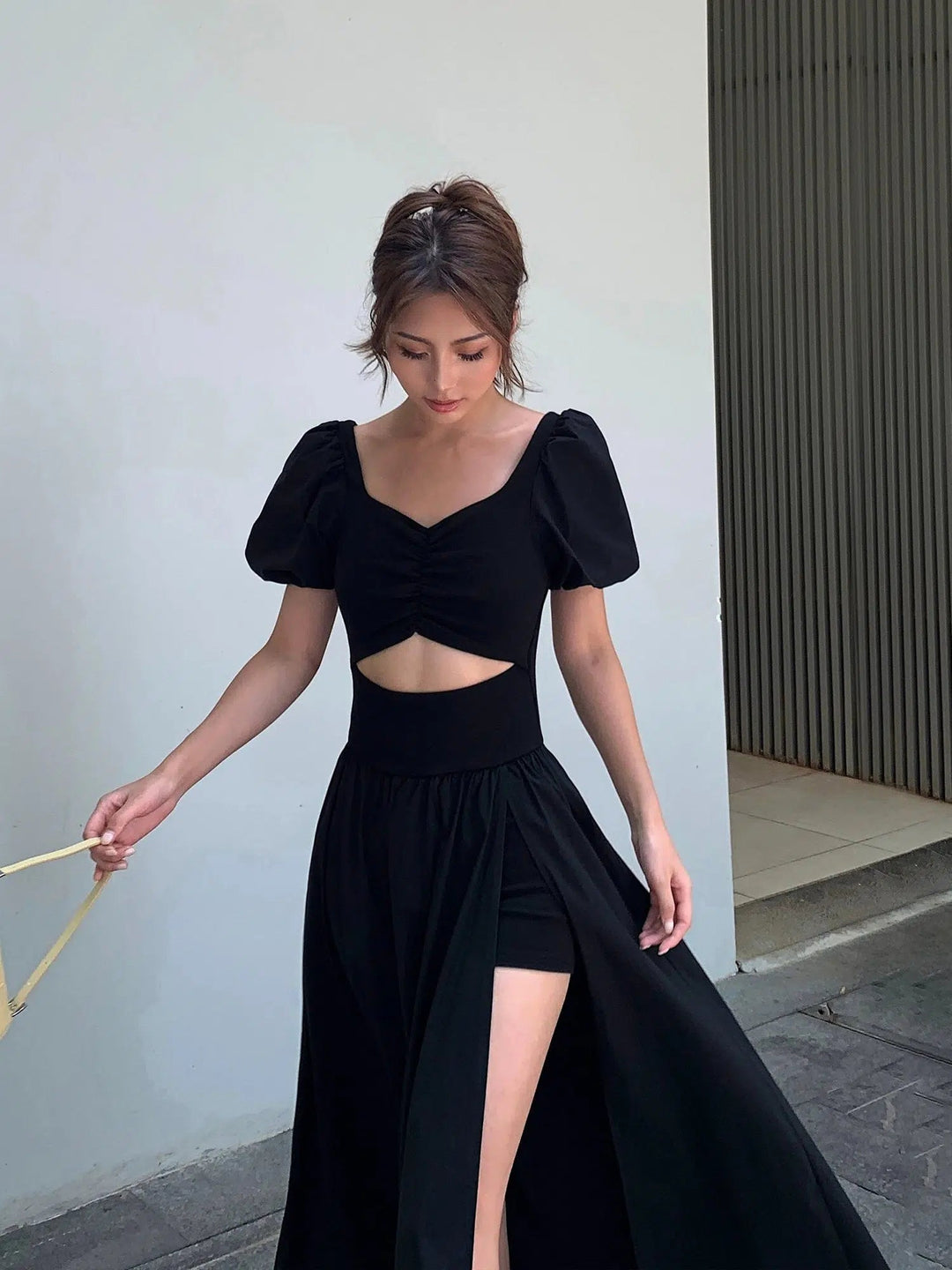 Black Slit Puff Sleeves Dress