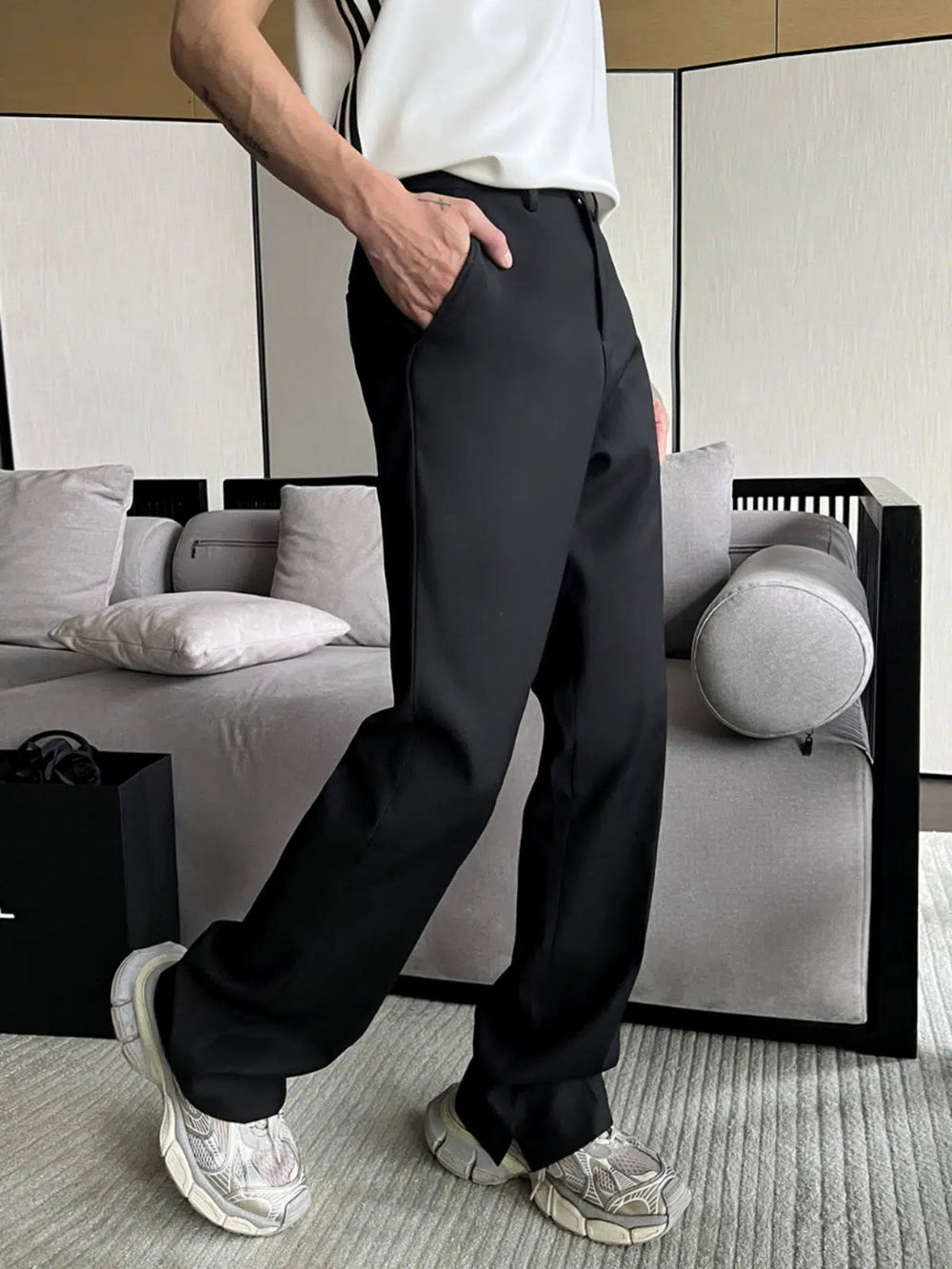 Black Slit Slim Suit Pants