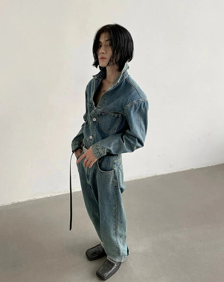 Blue Long-sleeved Denim Jumpsuit