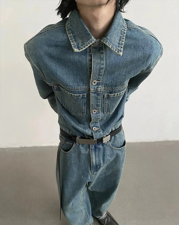 Blue Long-sleeved Denim Jumpsuit