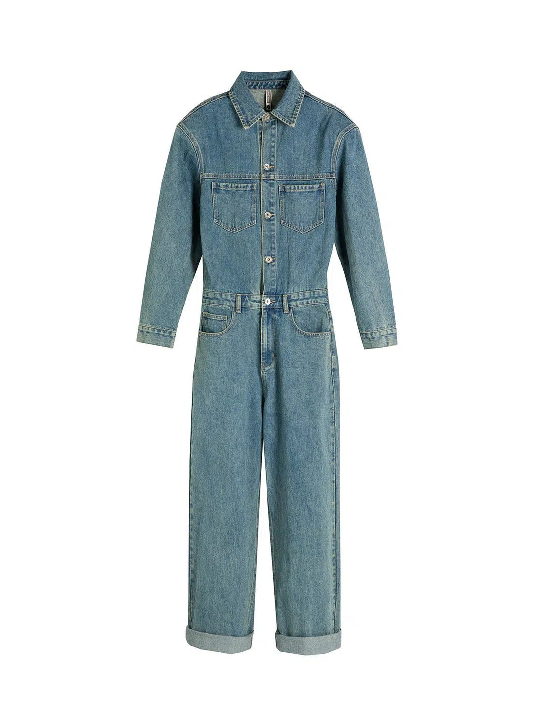 Blue Long-sleeved Denim Jumpsuit