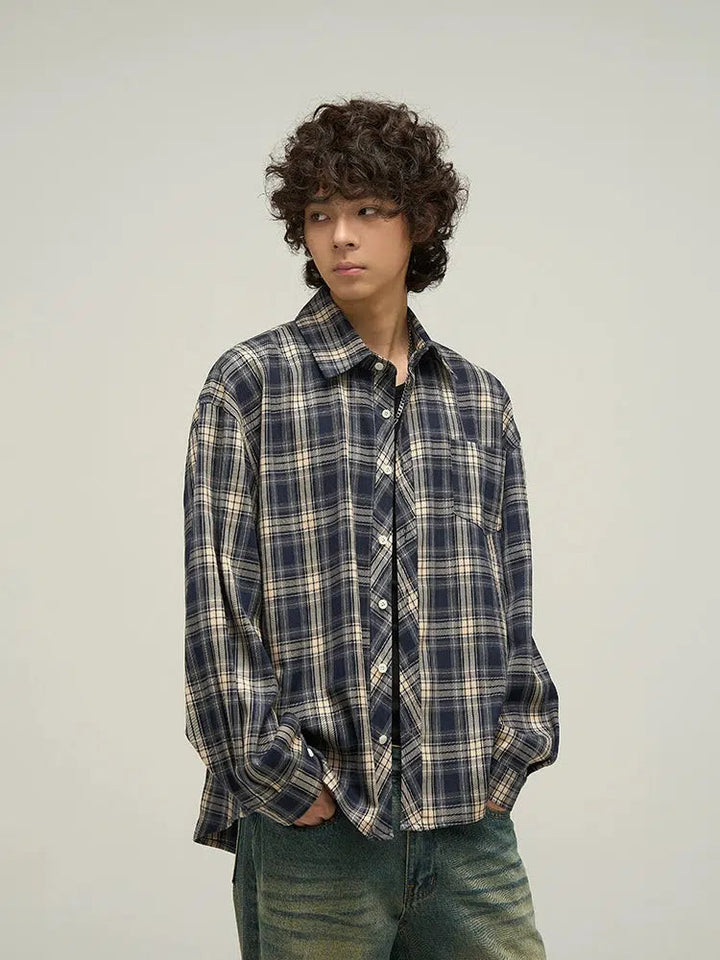 Blue Long-sleeved Plaid Shirt