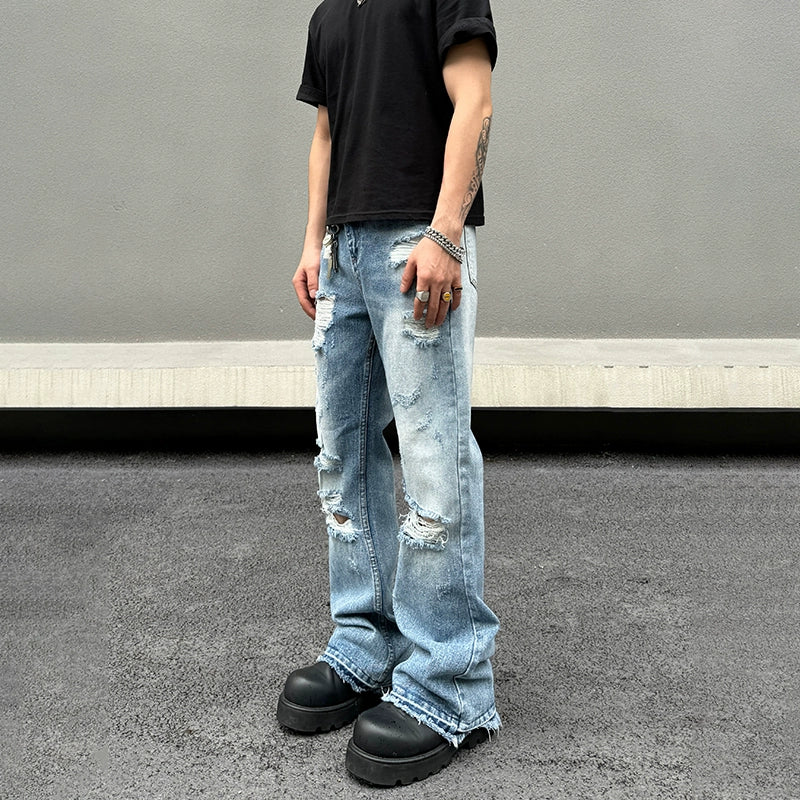 Blue Ripped Straight-leg Jeans