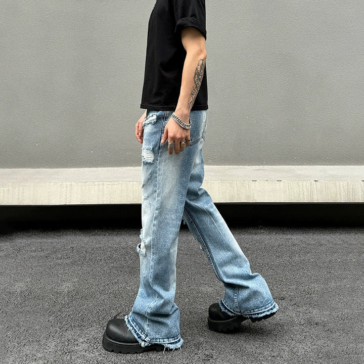 Blue Ripped Straight-leg Jeans