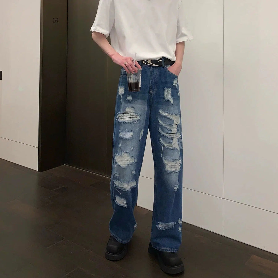 Blue Ripped Straight-leg Jeans