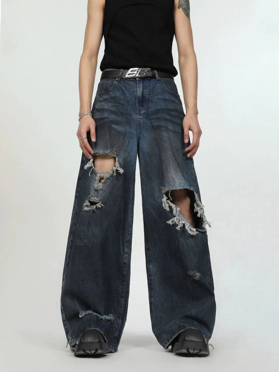 Blue Ripped Wide Leg Jeans