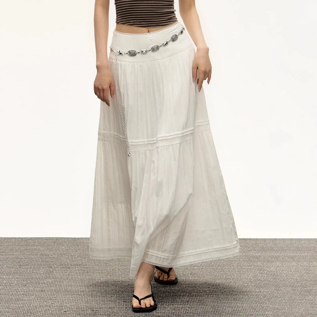 Bohemian-Style Long Pleated Skirt with Decorative Waist Chain