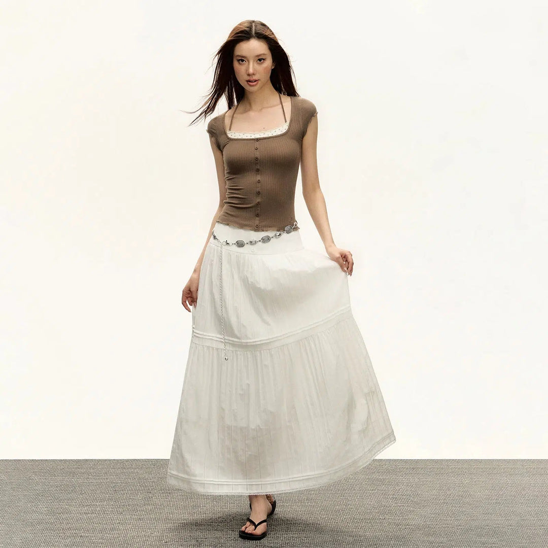 Bohemian-Style Long Pleated Skirt with Decorative Waist Chain