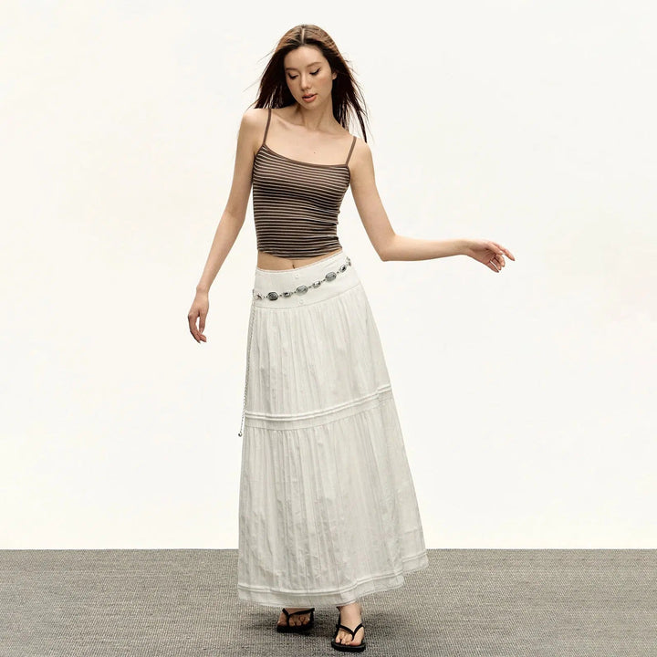 Bohemian-Style Long Pleated Skirt with Decorative Waist Chain