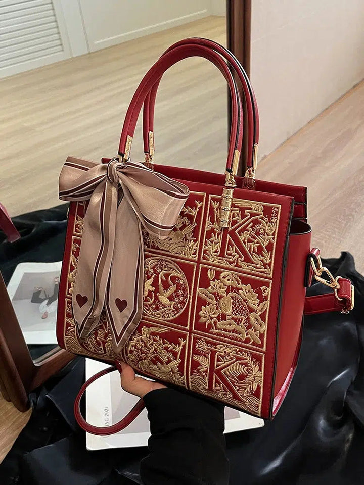 Bow Embroidered Tote Handbag