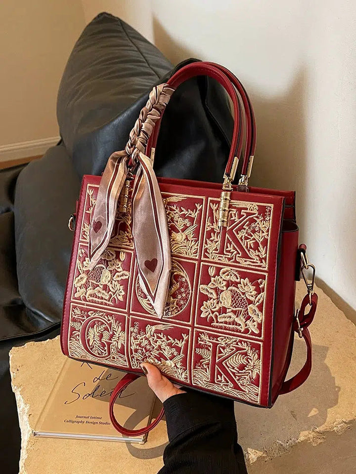 Bow Embroidered Tote Handbag