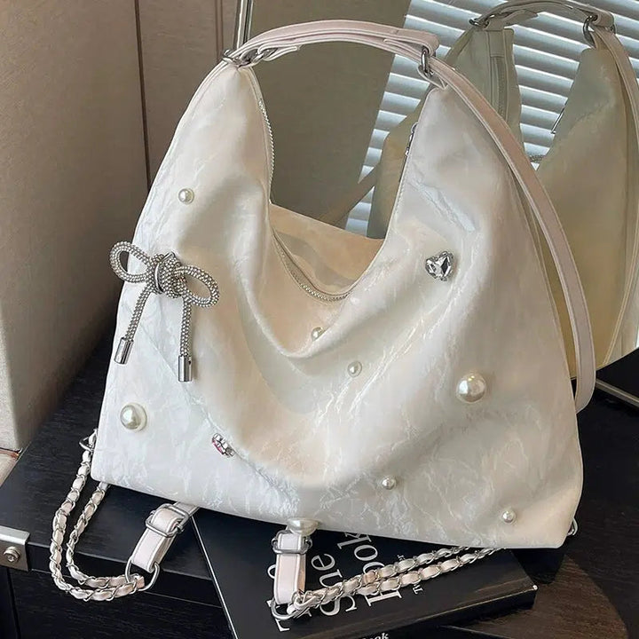 Bow Pearl Accents Shoulder Bag