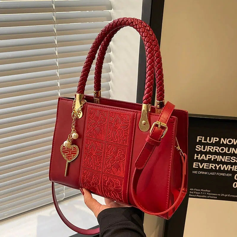 Braided Handle Embroidered Handbag