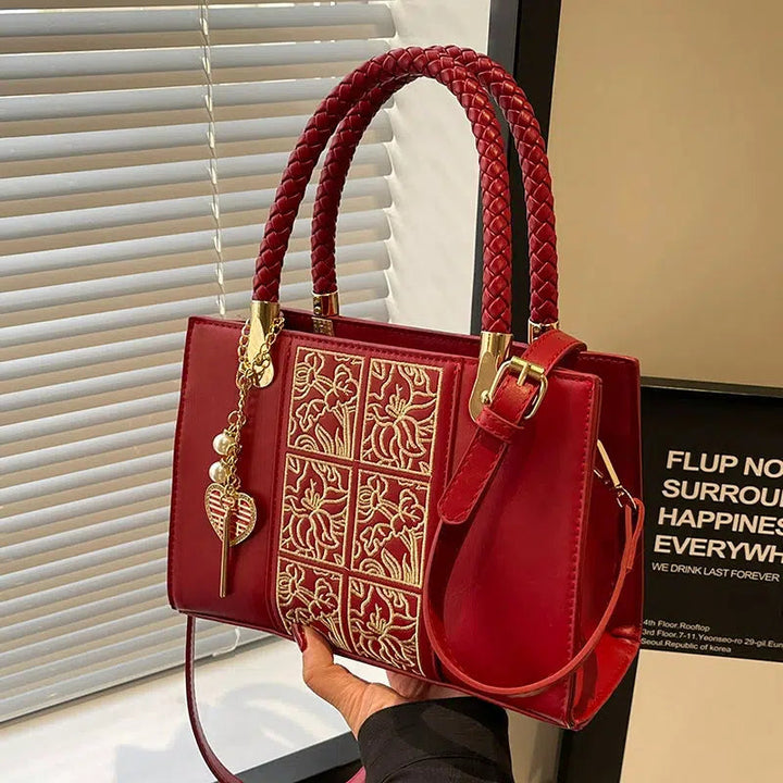 Braided Handle Embroidered Handbag