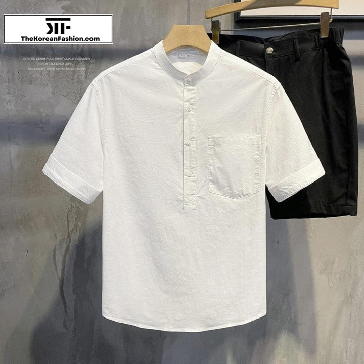 Breathable Cotton Linen Stand Collar Shirt